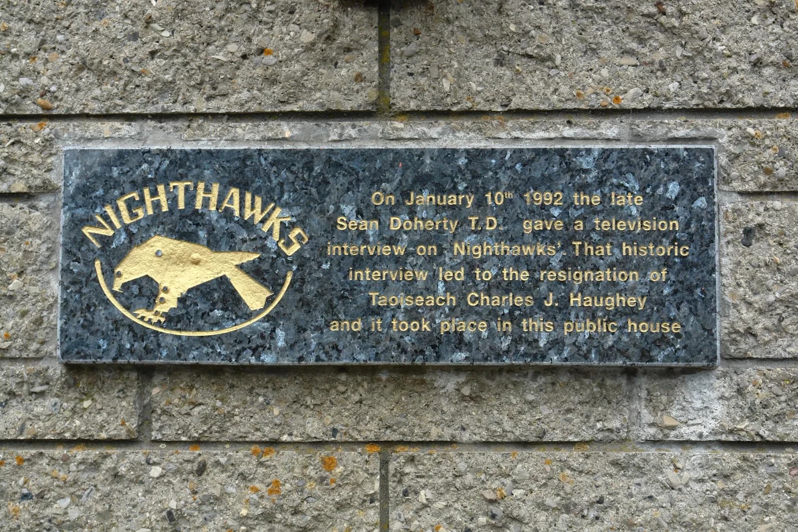 Polished dark granite plaque with gold lettering set into a concrete block wall, headed NIGHTHAWKS above a gold hawk, recording the January 1992 television interview.